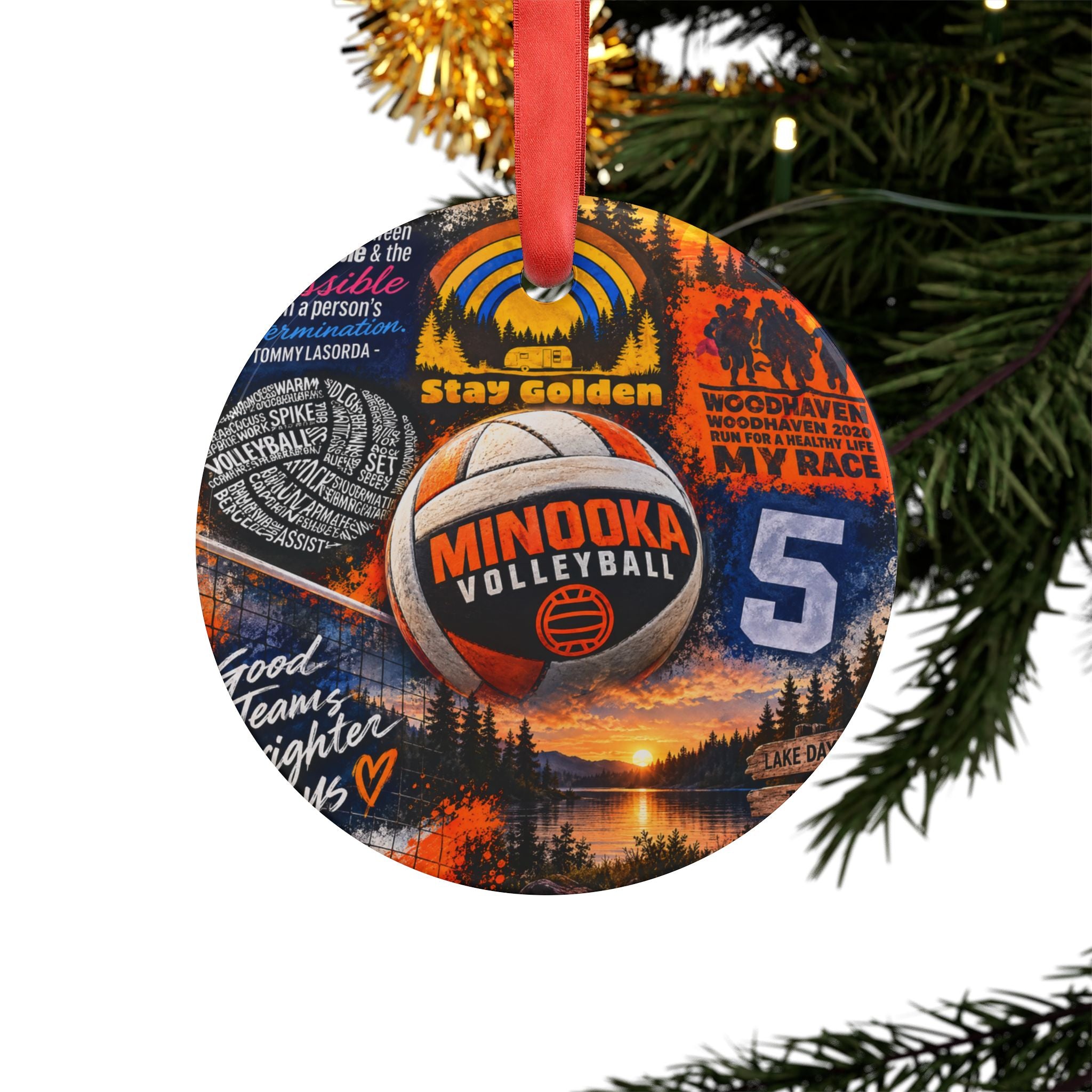 Minooka Volleyball Team Acrylic Christmas Ornament with Ribbon