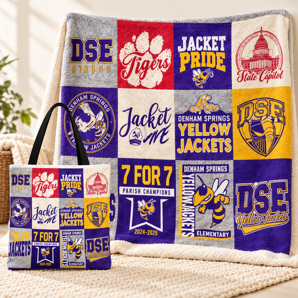Custom printed tote bag with replica of tshirt quilt squares from your shirts
