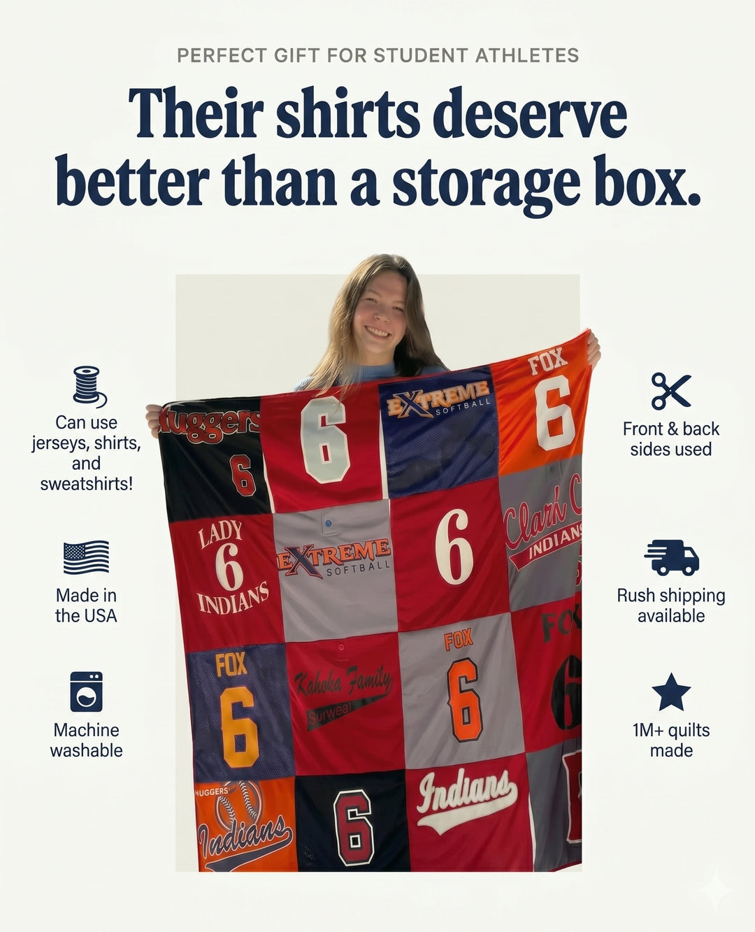 Person holding a Project Repat T-Shirt Quilt made from various sports team shirts